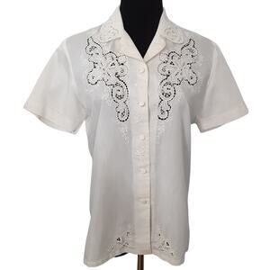 Vintage 60s Daffodil Volup Blouse Hand Embroidered Lace Collar Womens 38 Scallop